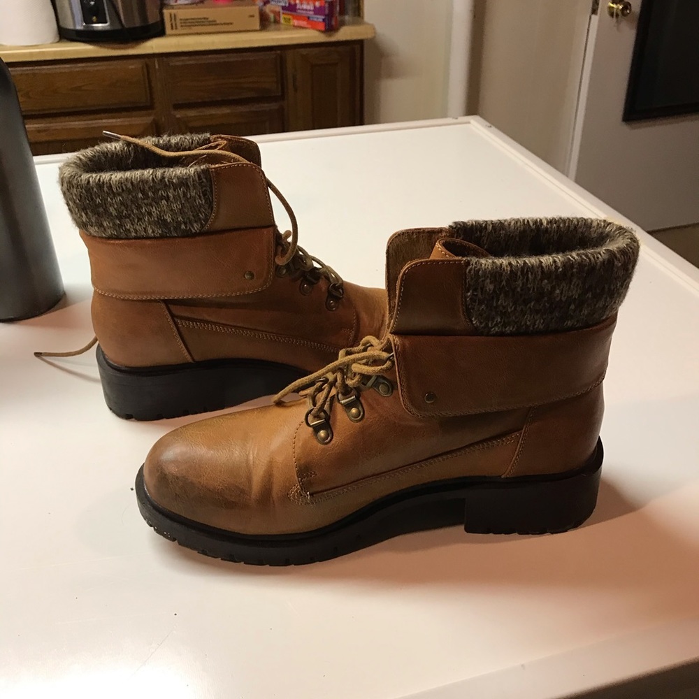 Cognac Faux Leather /Sweater trimmed hiker boot